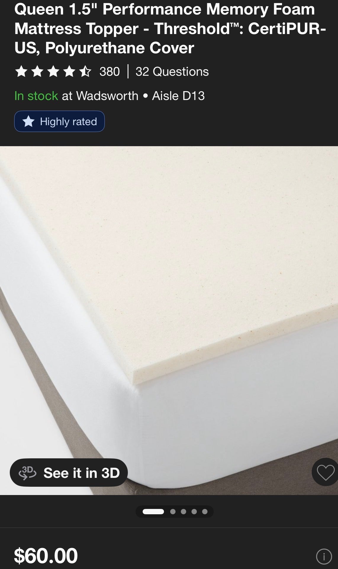 Threshold Queen 1.5” Performance Mattress Topper, New