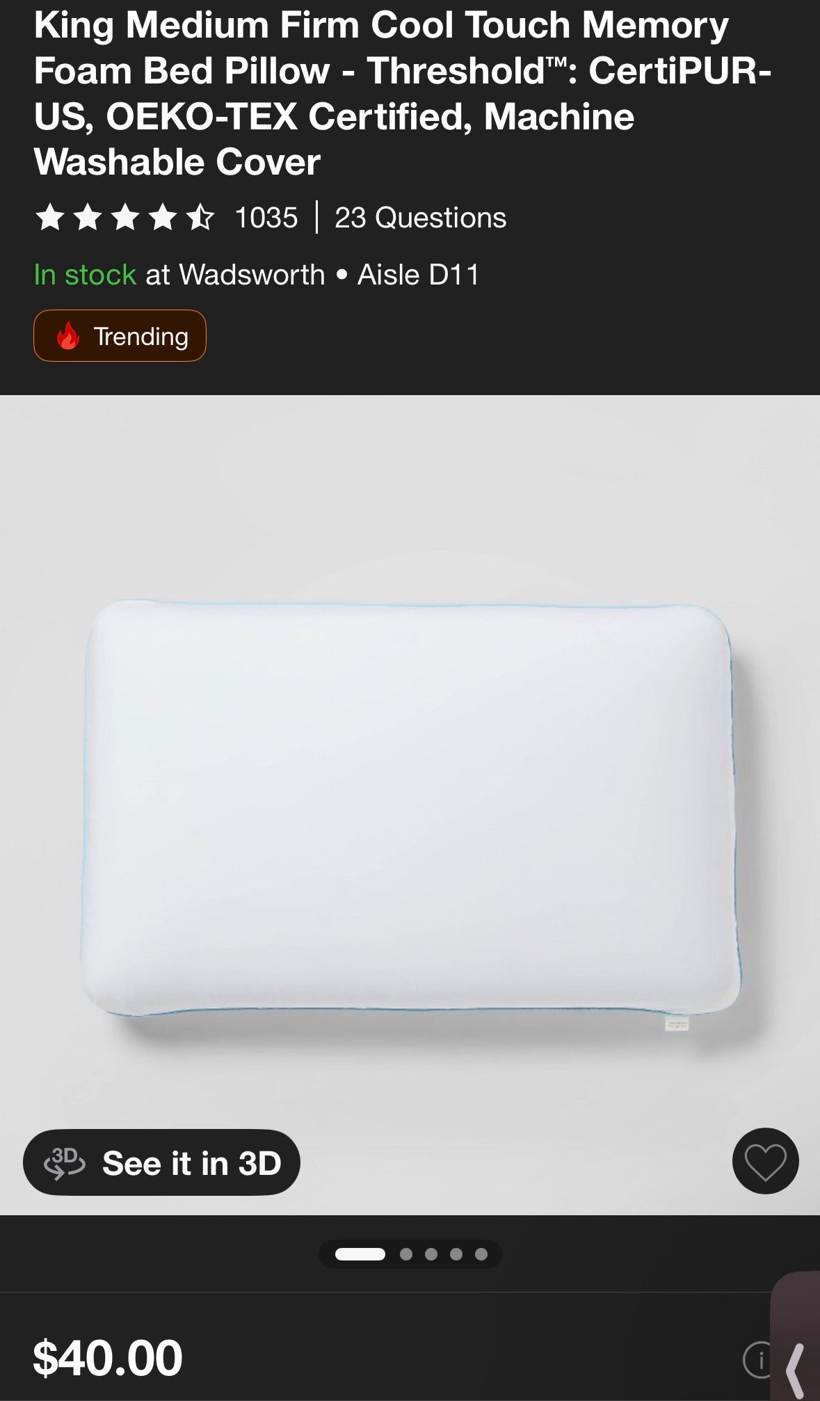 Threshold King Medium Firm Memory Foam Bed Pillow, New