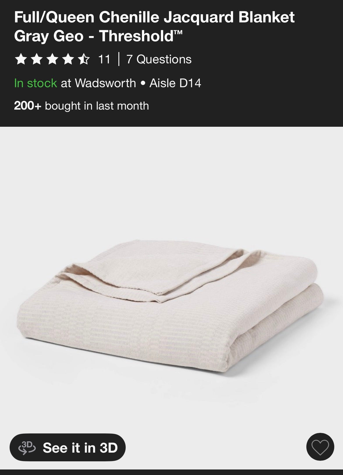 Threshold Full/Queen Chenille Jacquard Bed Blanket, New