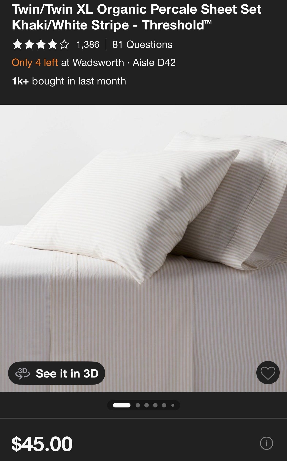 Threshold Twin/XL Twin Organic Percale Cotton Sheet Set, New