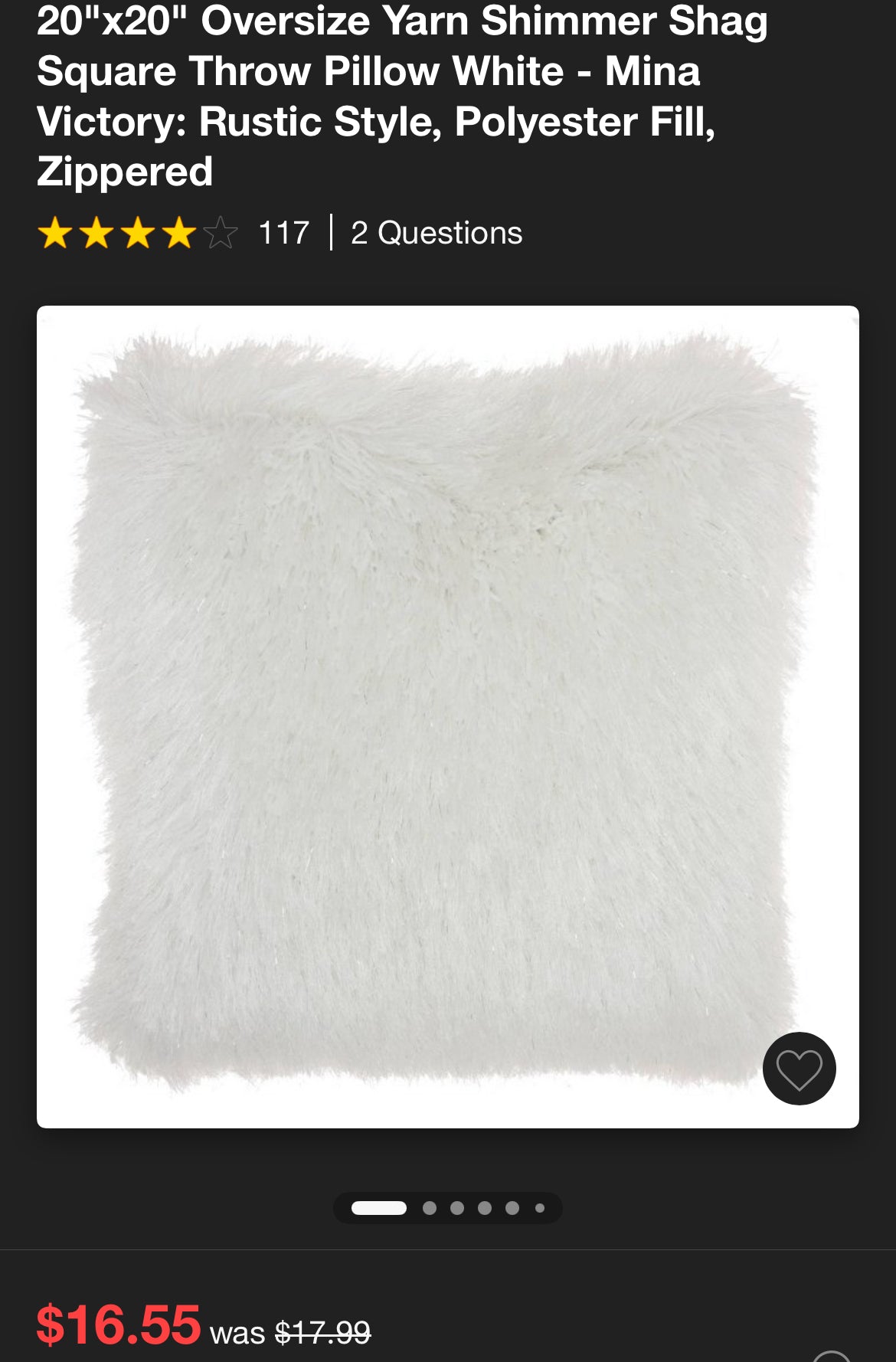 Mina Victory 20"x20" Oversized Shag Throw Pillow, New