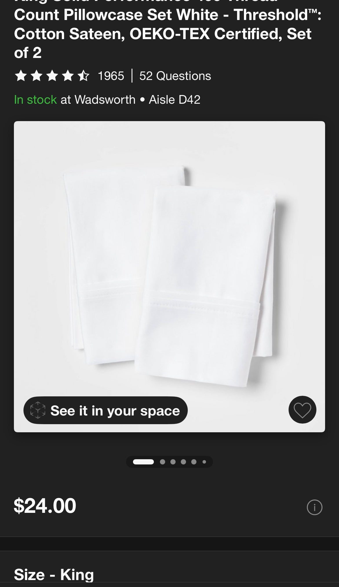 Threshold King Performance Solid Pillowcase Set, New