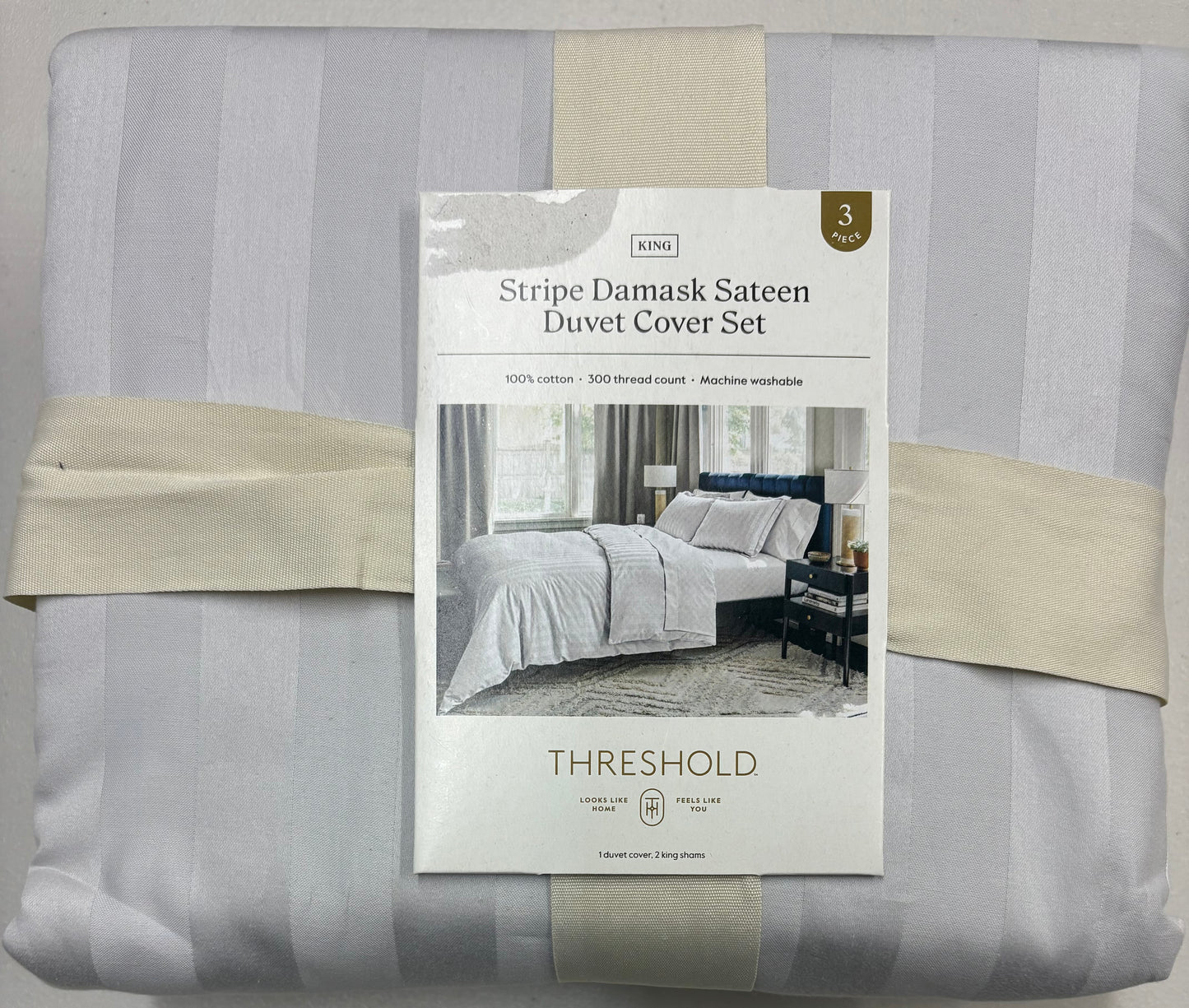 Threshold King Luxe Striped Damask Duvet Set, New