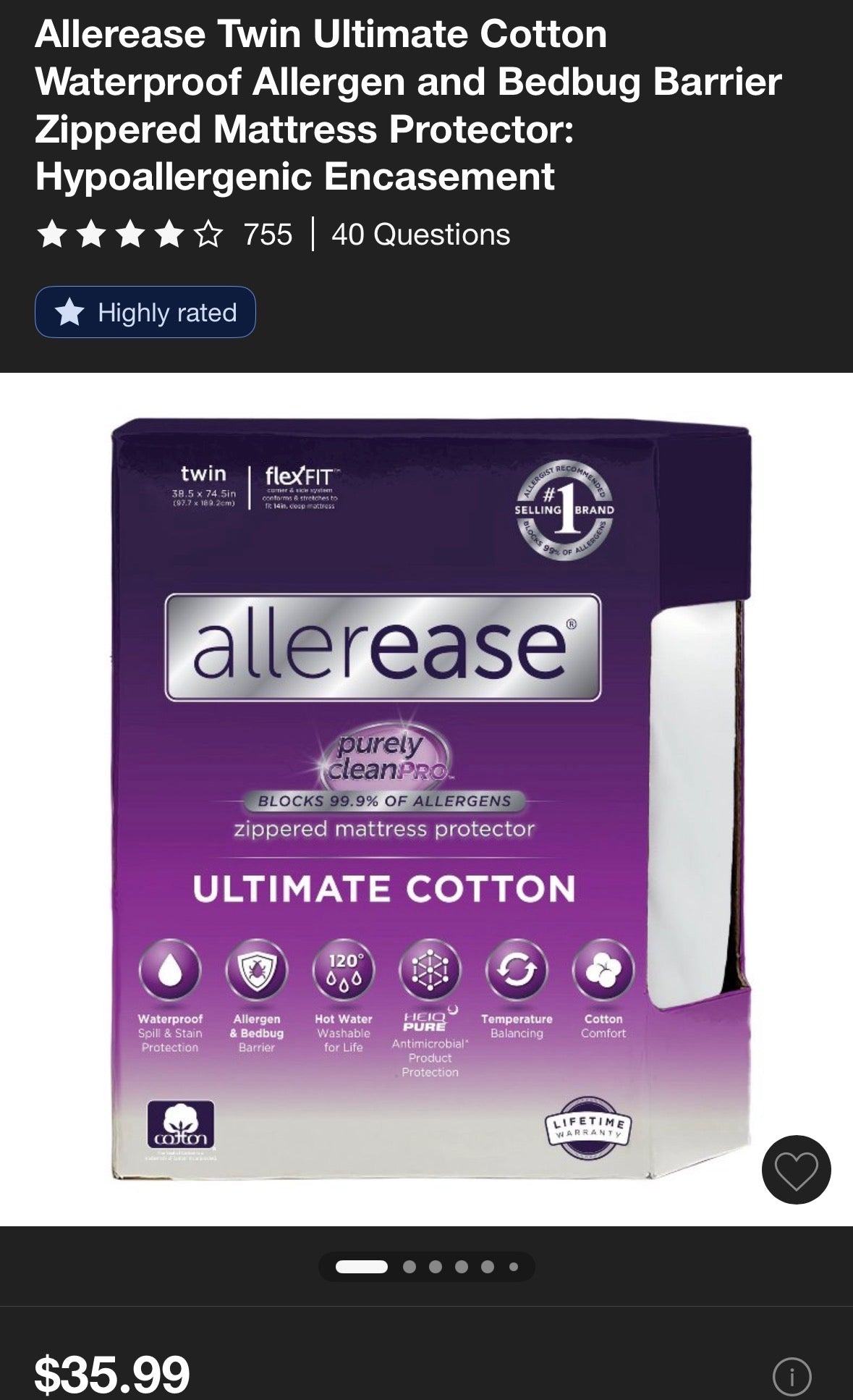 Allerease Twin Ultimate Cotton Mattress Protector, New