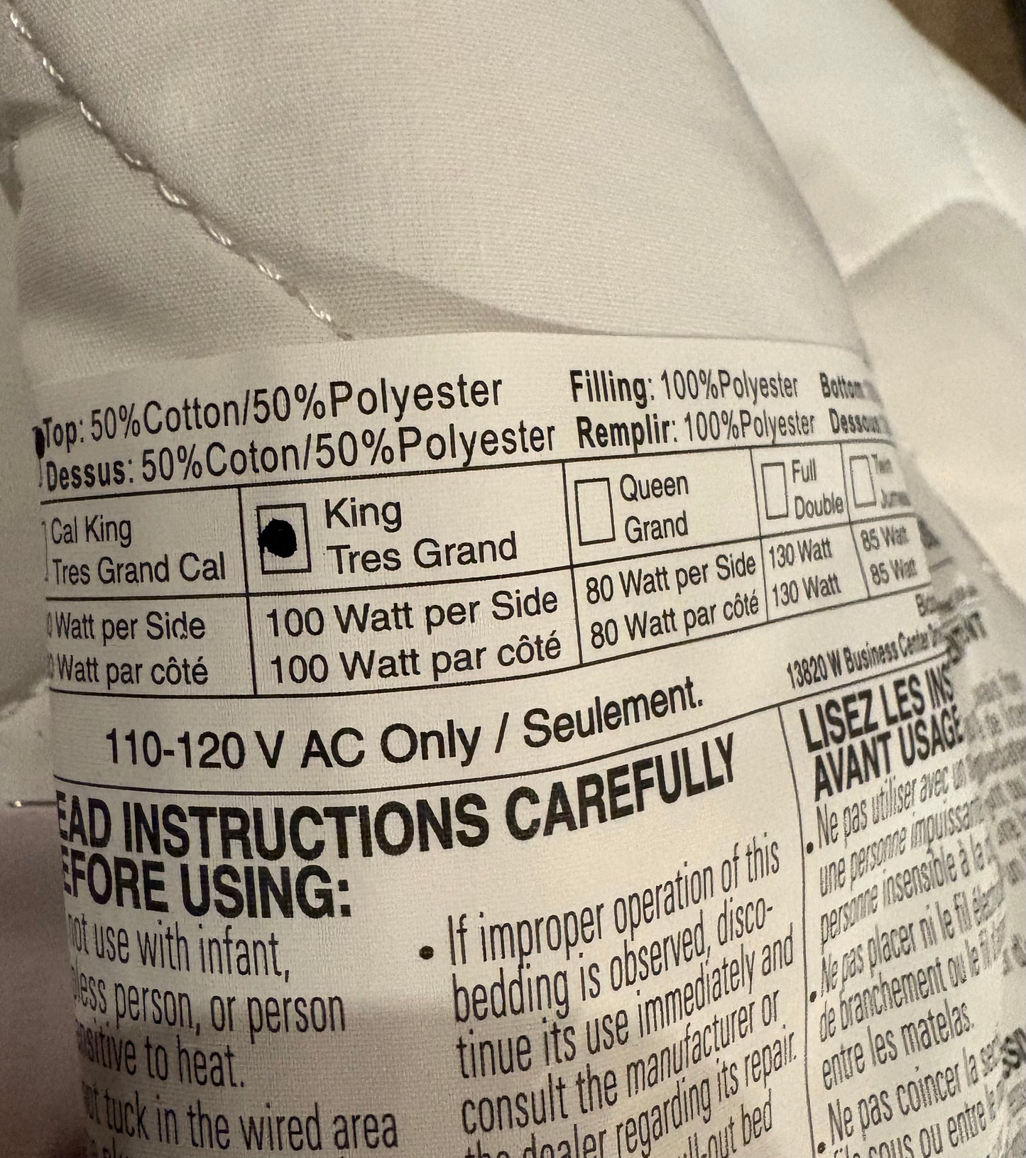 Biddeford King Electric Heated Quilted Mattress Pad, New