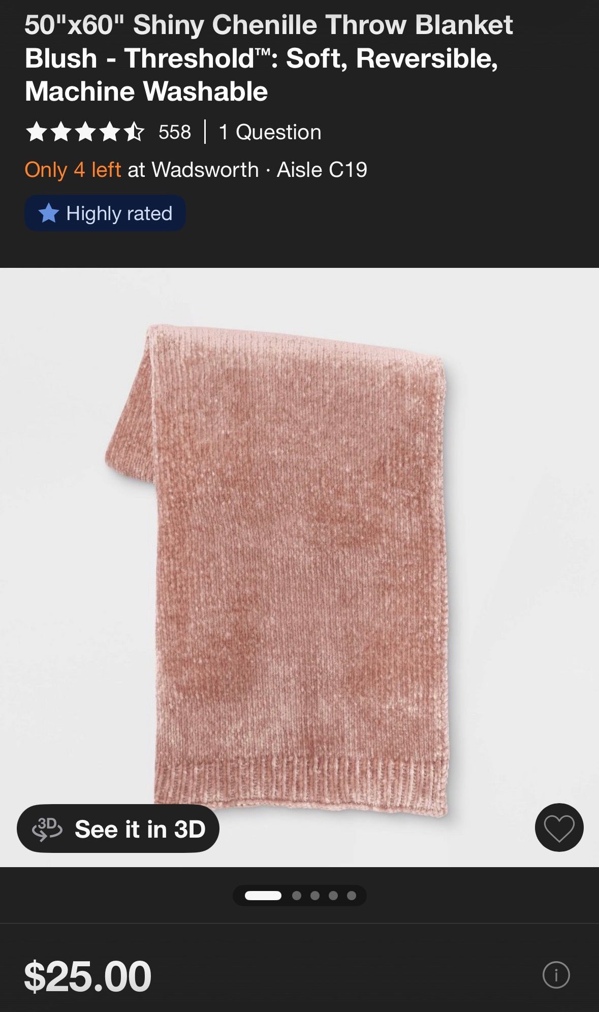 Threshold 50”x60” Shiny Chenille Throw Blanket, New