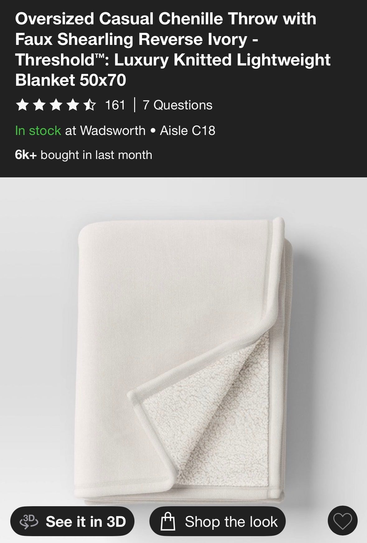 Threshold 50”x70” Chenille Throw Blanket, New