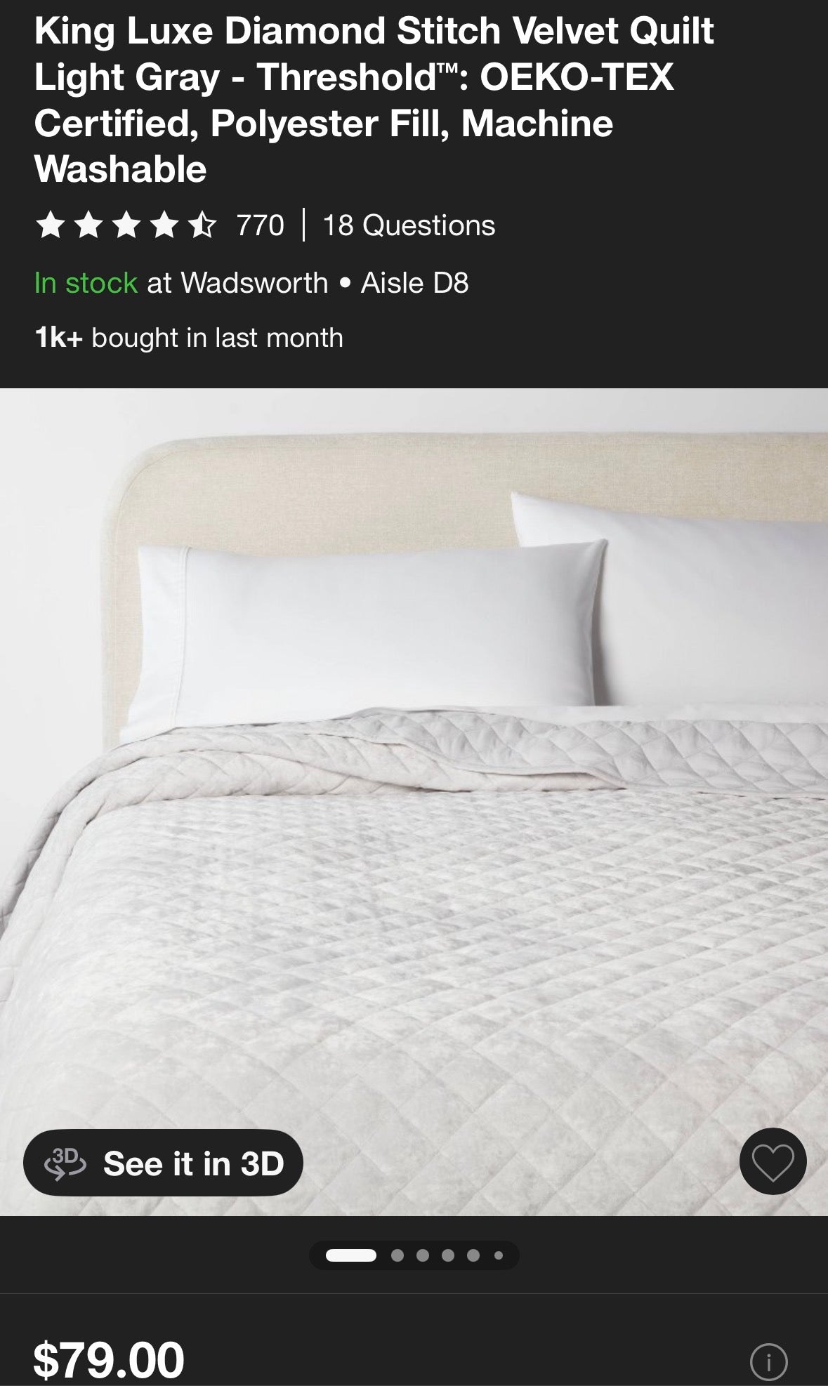 Threshold King Luxe Diamond Stitch Velvet Quilt, New