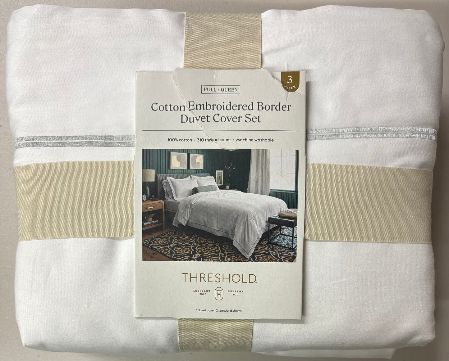 Threshold Full/Queen Luxe Embroidered Border Cotton Duvet Set, New