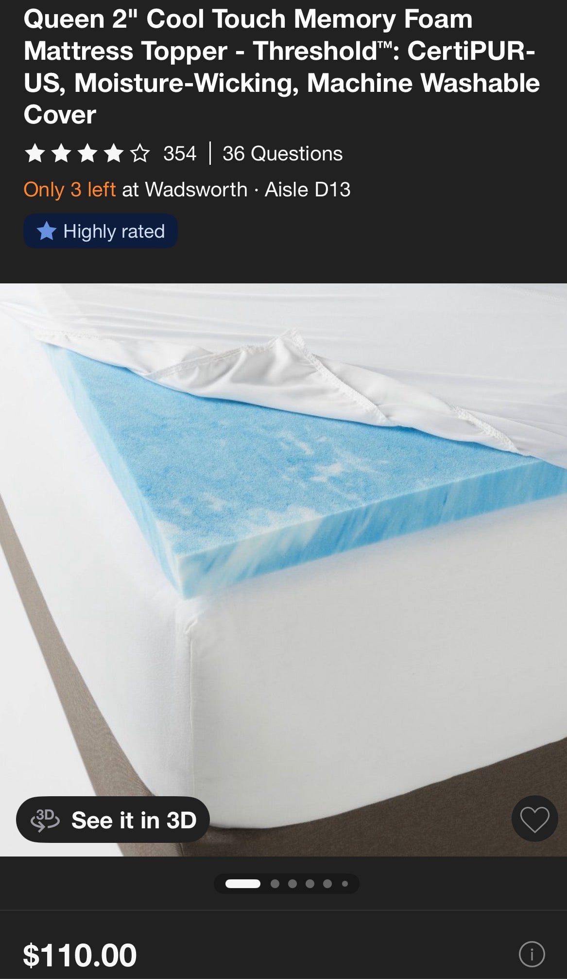 Threshold Queen 2” Cool Touch Memory Foam Mattress Topper, New