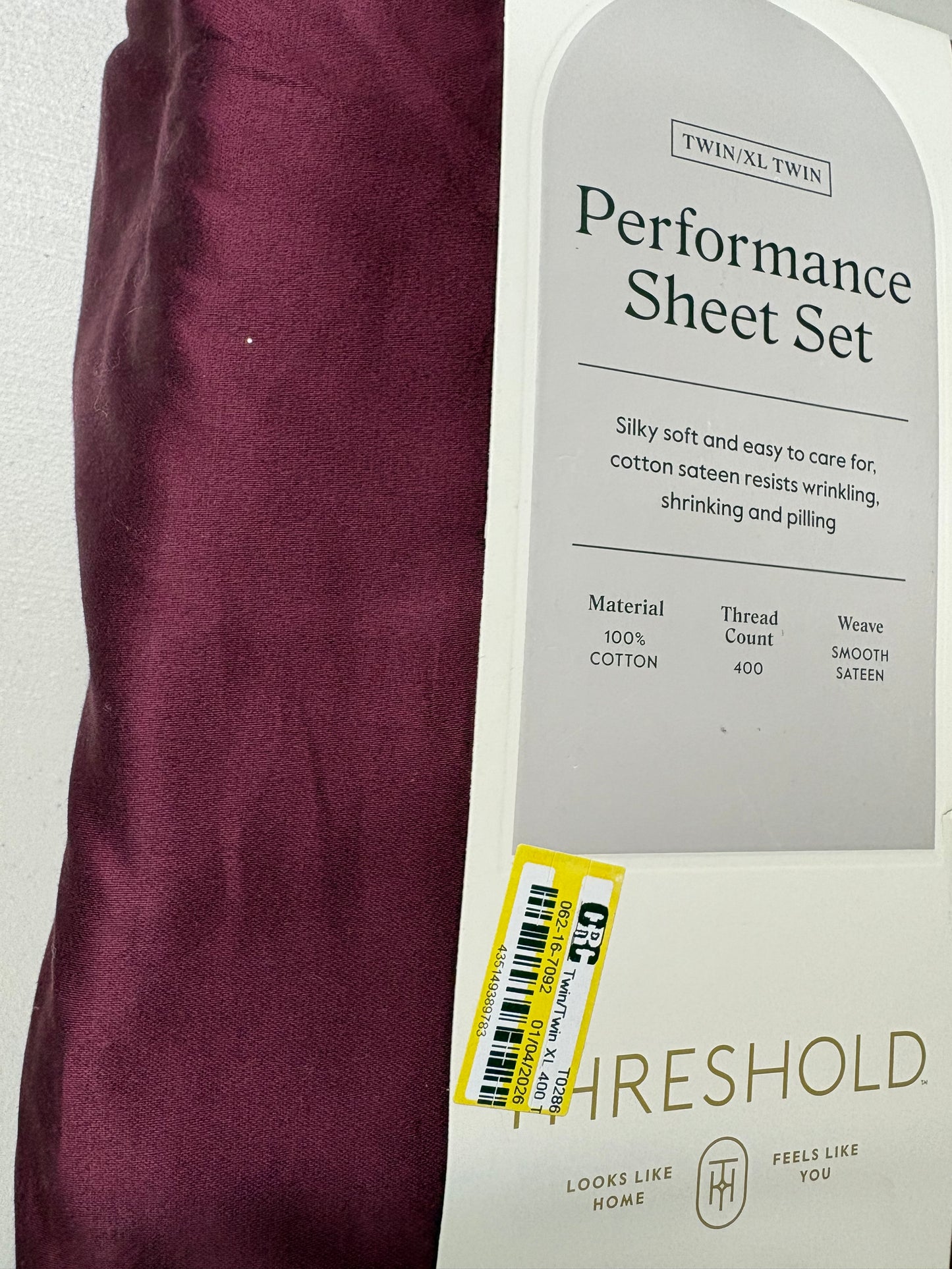 Threshold Twin/XL Twin Solid Performance Sheet Set, New