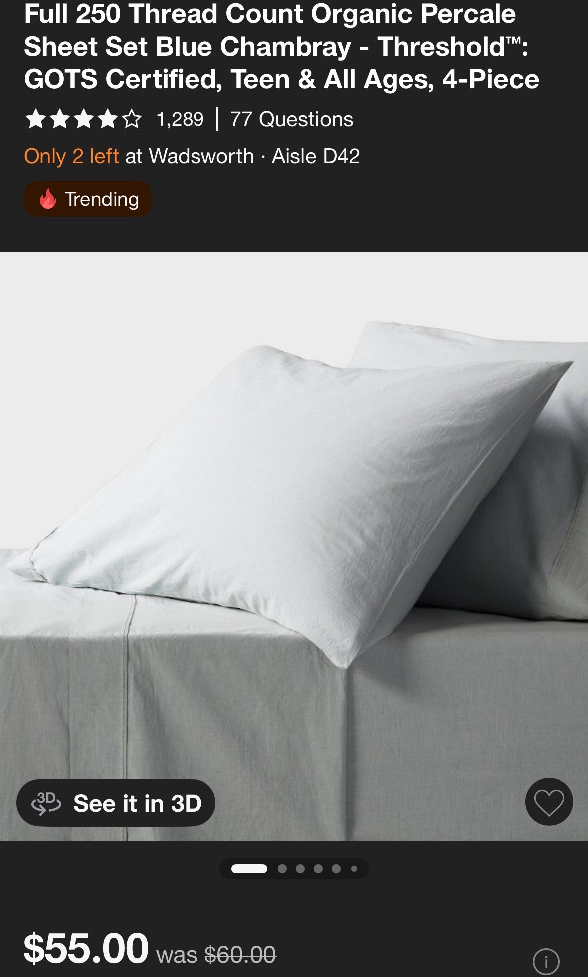 Threshold Full Organic Cotton Percale Sheet Set, New