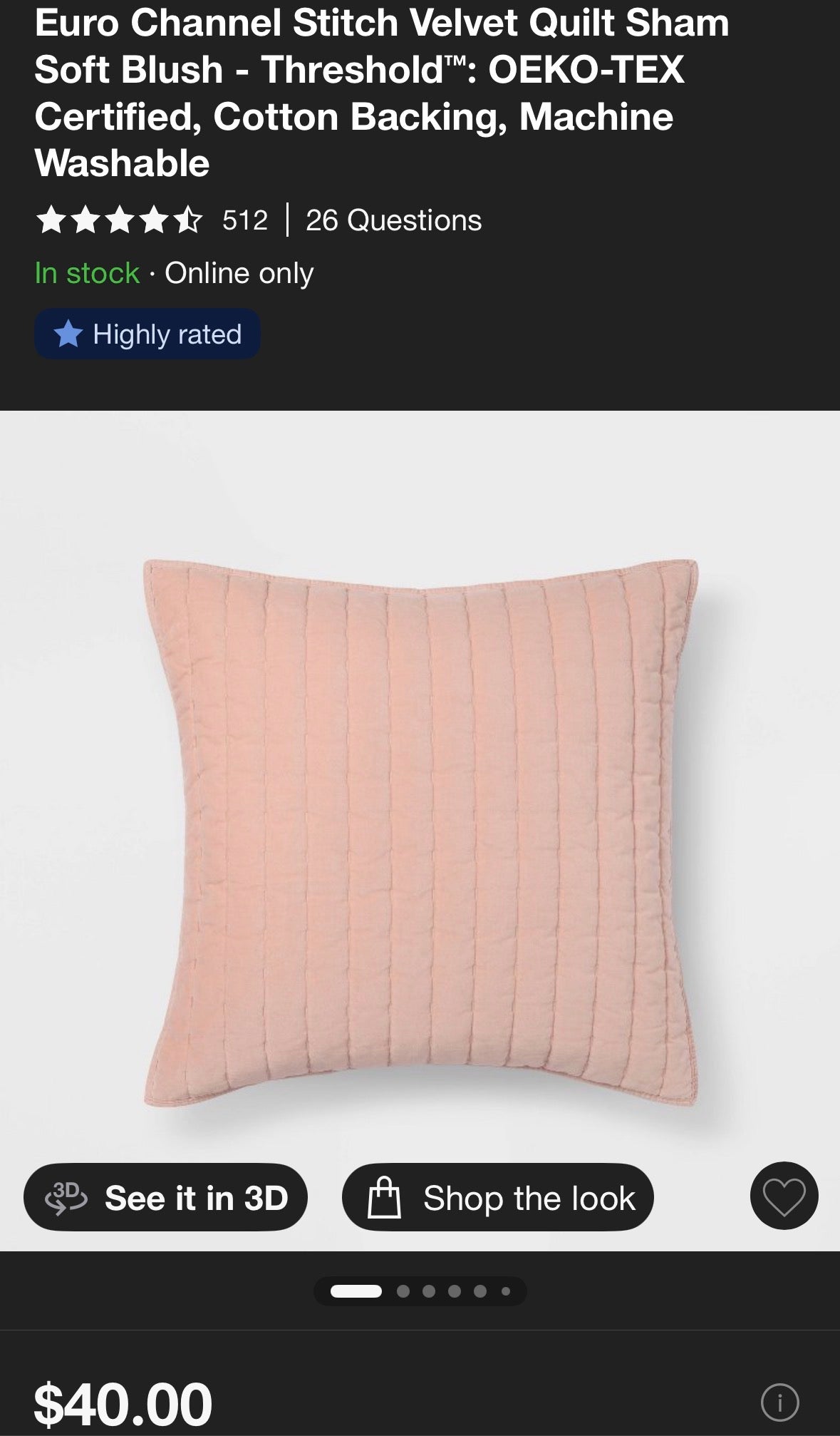 Threshold Euro Channel Stitch Velvet Pillow Sham, New