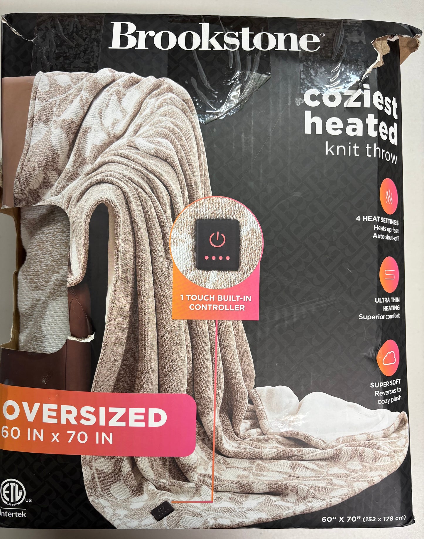 Brookstone 60”x70” Oversized Coziest Heated Knit Throw Blanket, New