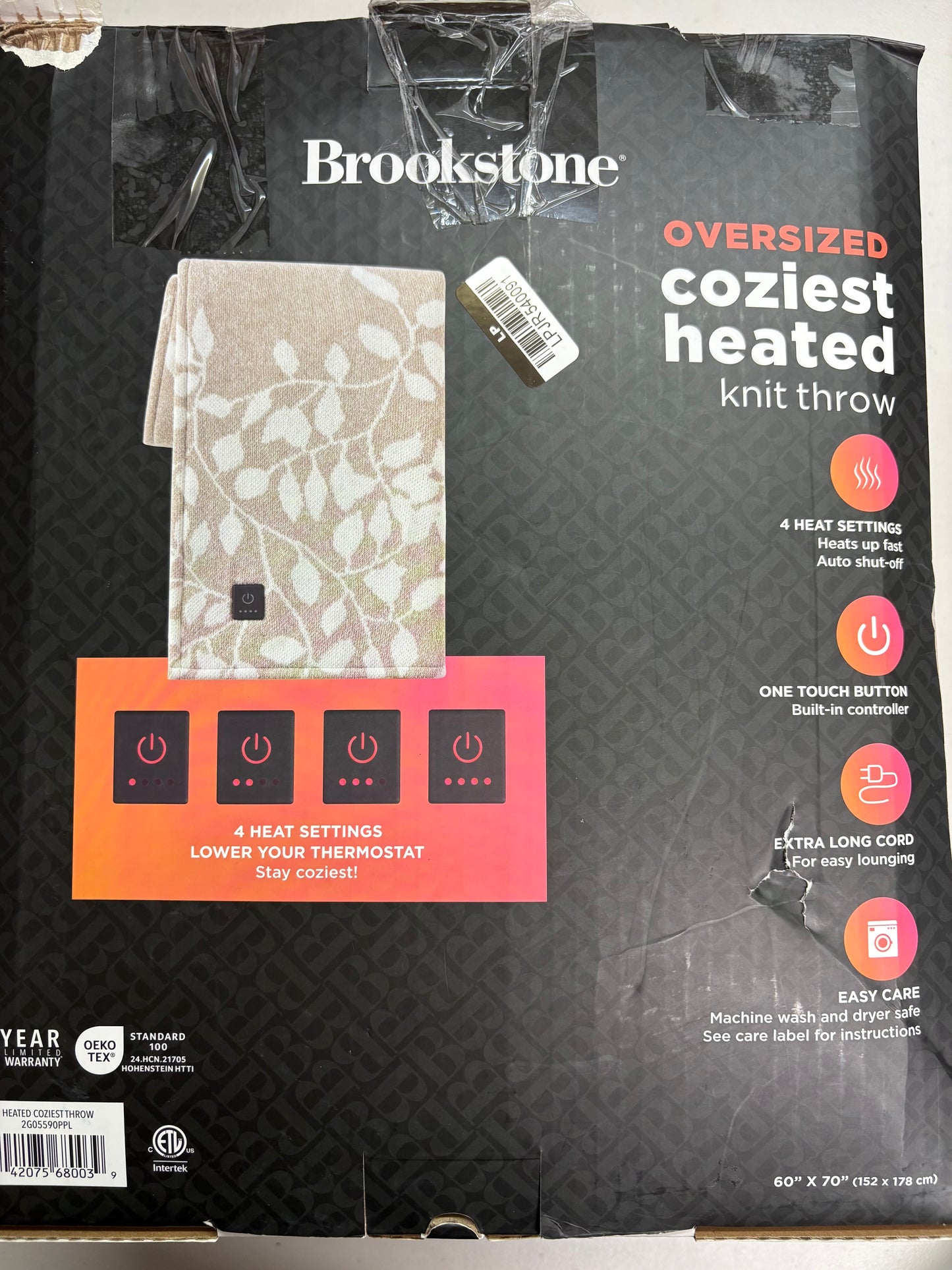 Brookstone 60”x70” Oversized Coziest Heated Knit Throw Blanket, New