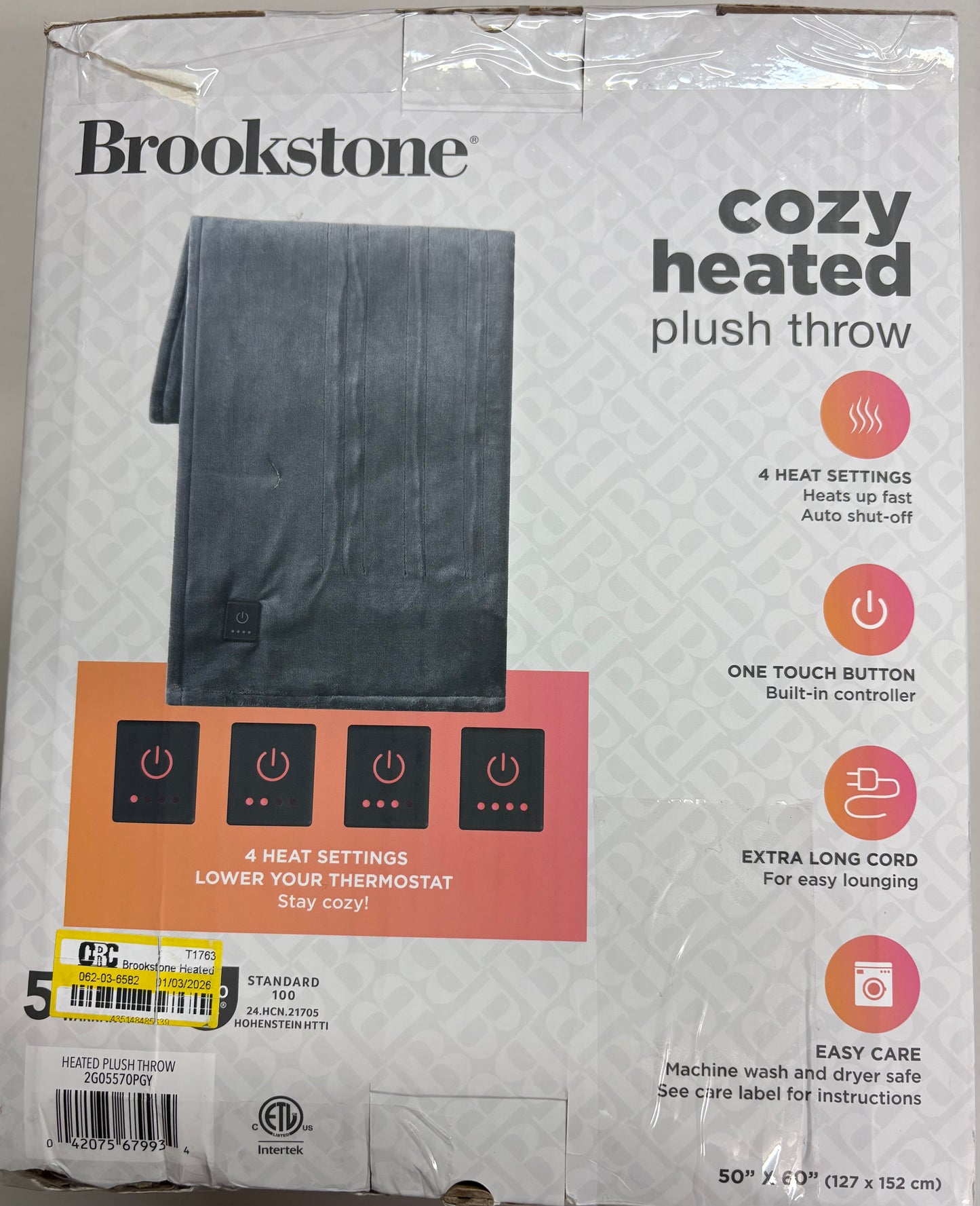 Brookstone 50”x 60” Plush Heated Throw Blanket, New