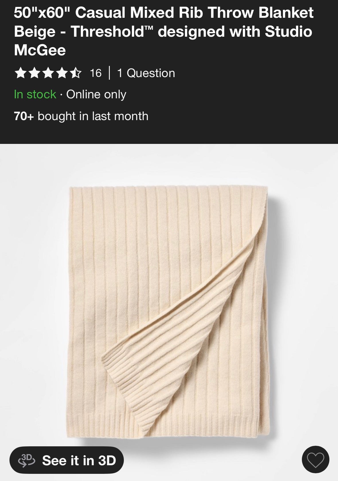 Threshold 50”x60” Casual Rib Throw Blanket, New