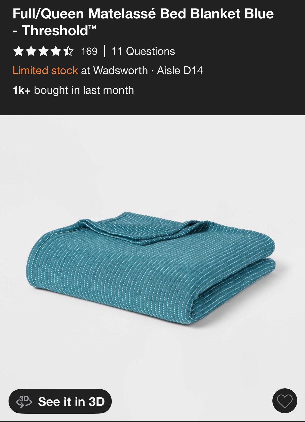 Threshold Full/Queen Matelasse Bed Blanket, New