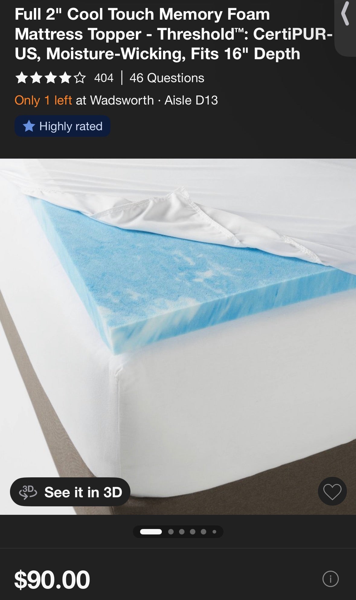 Threshold Full 2” Cool Touch Mattress Topper, New
