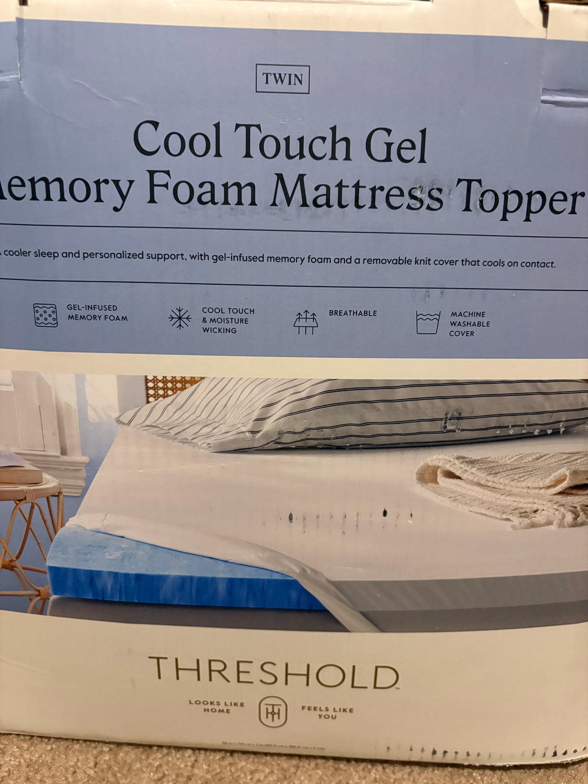 Threshold Twin 2” Cool Touch Memory Foam Mattress Topper, New