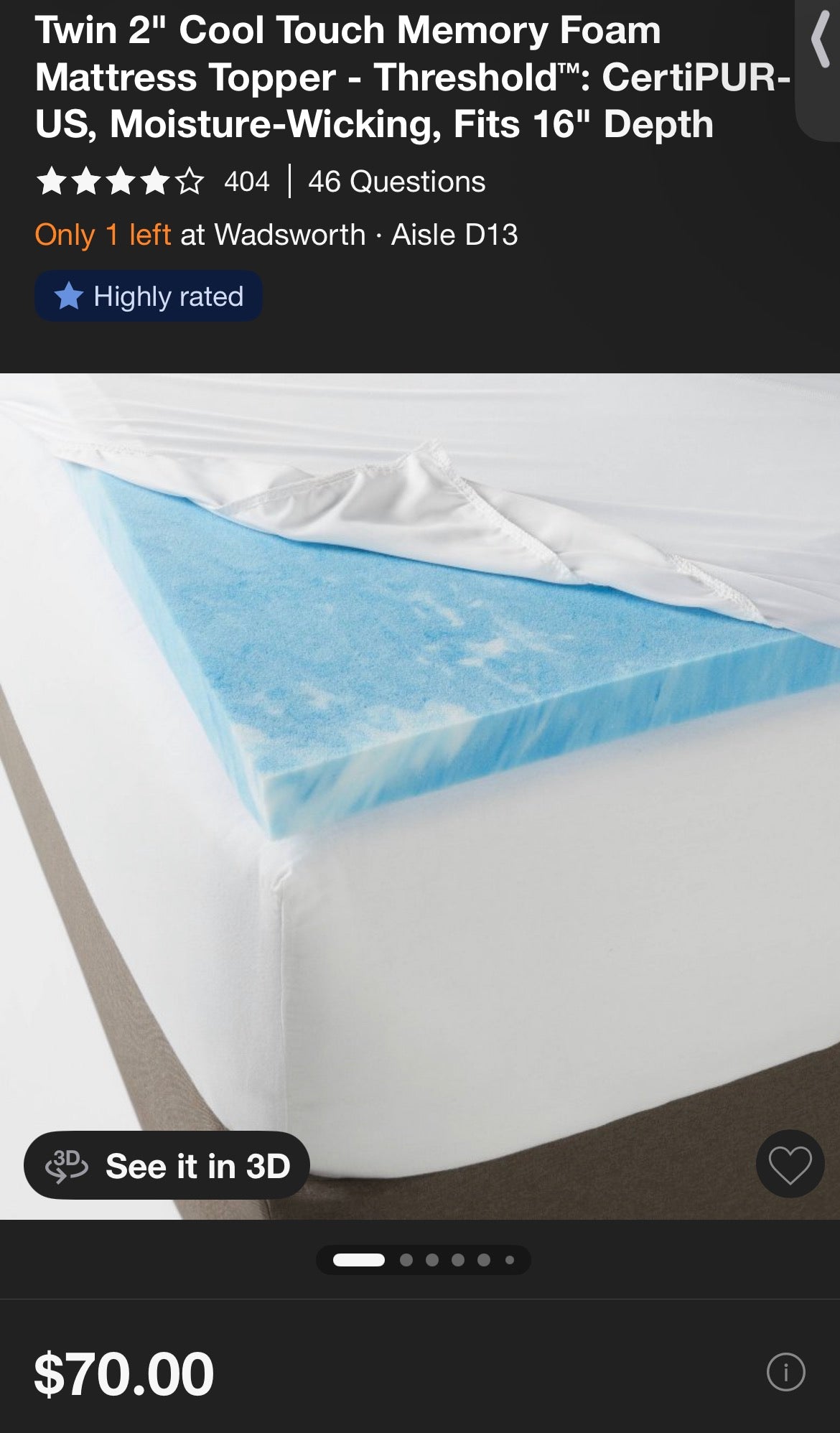 Threshold Twin 2” Cool Touch Memory Foam Mattress Topper, New