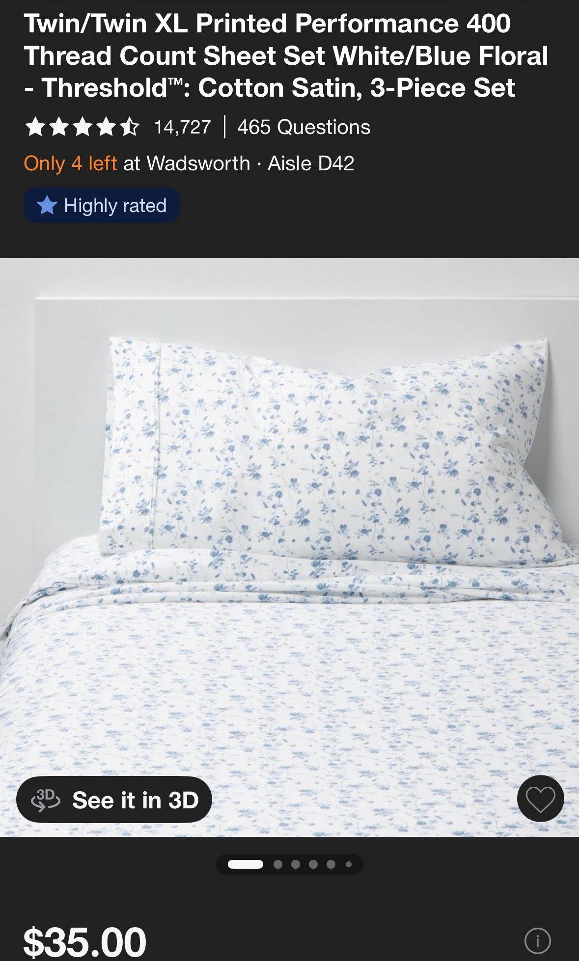 Threshold Twin/XL Twin Printed Performance Sheet Set, New