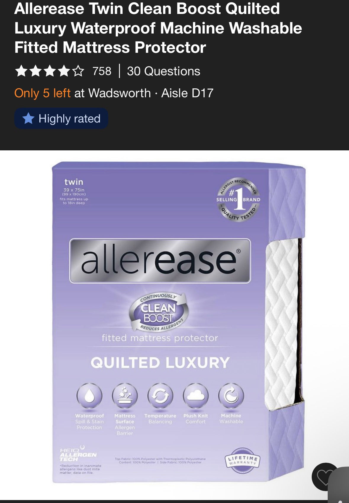 Allerease Twin Quilted Mattress Protector, New