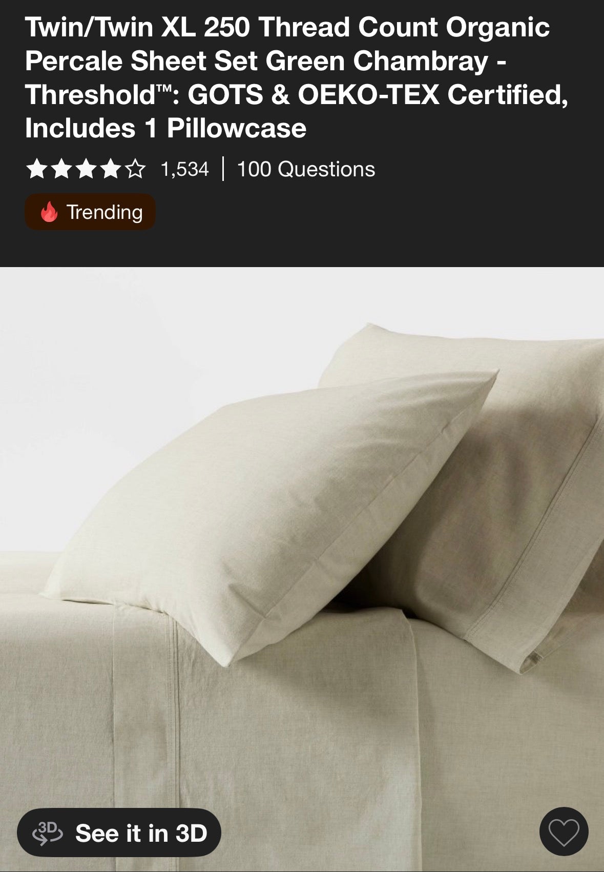 Threshold Twin/XL Twin Organic Percale Sheet Set, New
