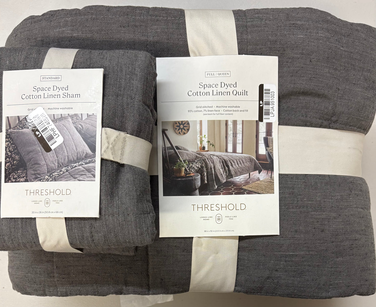 Threshold Full/Queen Space Dyed Cotton Linen Quilt & Sham Set, New