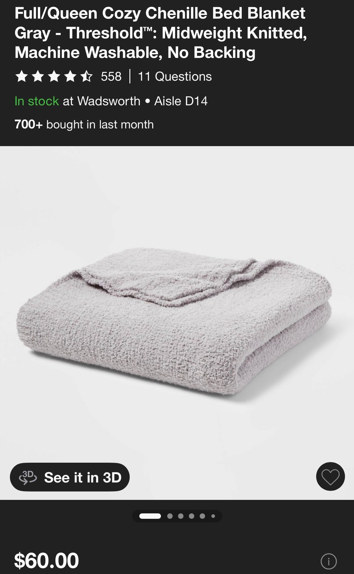 Threshold Full/Queen Cozy Chenille Bed Blanket, New