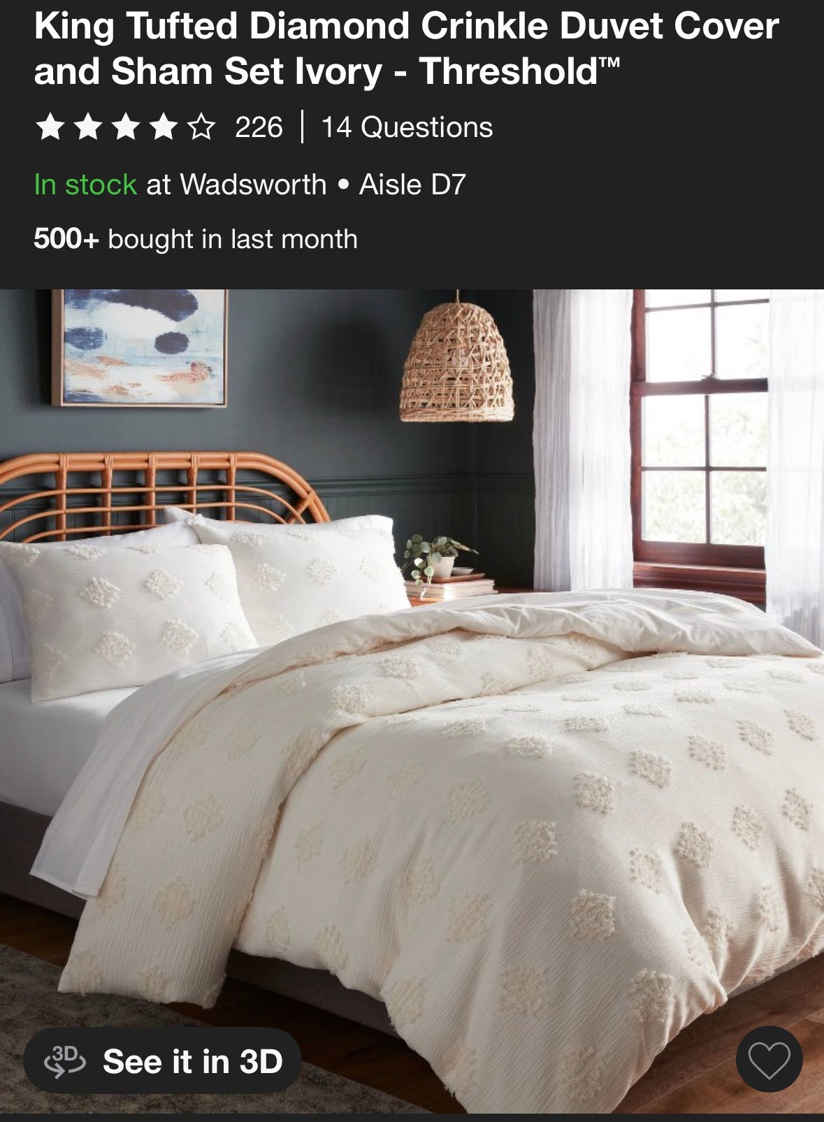 Threshold King Tufted Diamond Crinkle Duvet Set, New